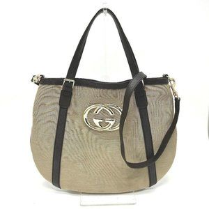 AUTHENTICITY GUARANTEED GUCCI GG logo 2WAY Tote Bag Canvas/Leather Beige